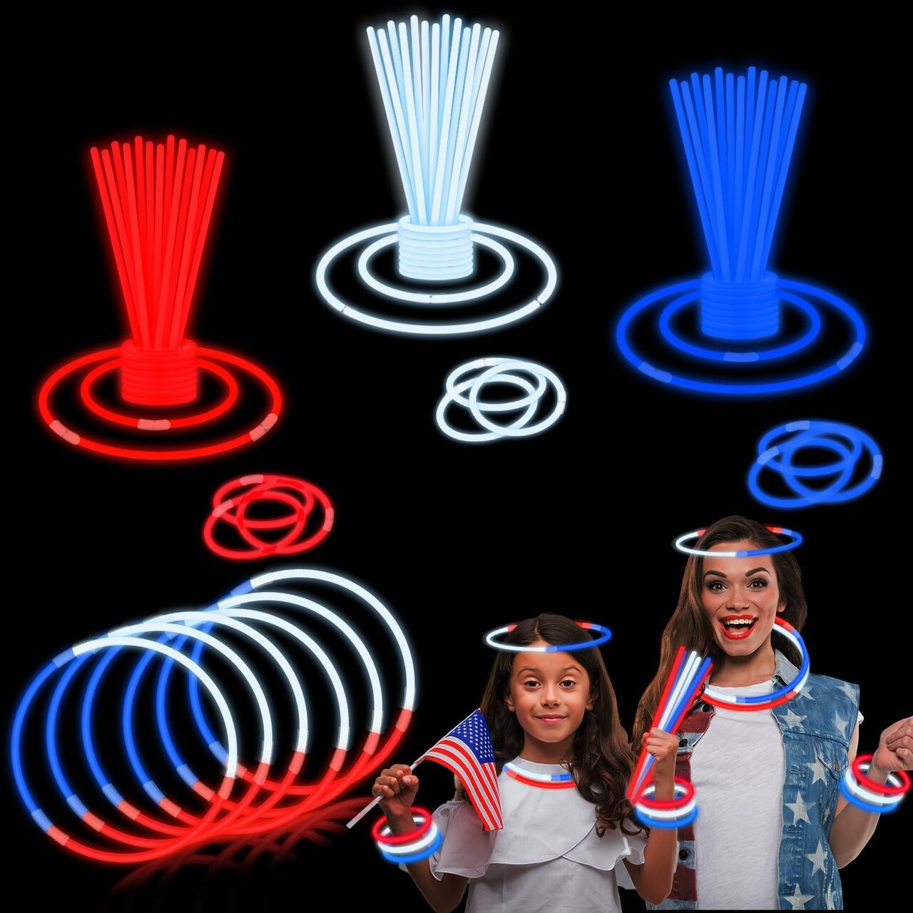 4th of July Red White Blue Glow Sticks Party Favors for Kids 90 PCS,Light up Neon Bracelets Necklaces for Fourth of July,Memorial Day Accessories Decorations Patriotic Gift Treat Goodie Bag Stuffers